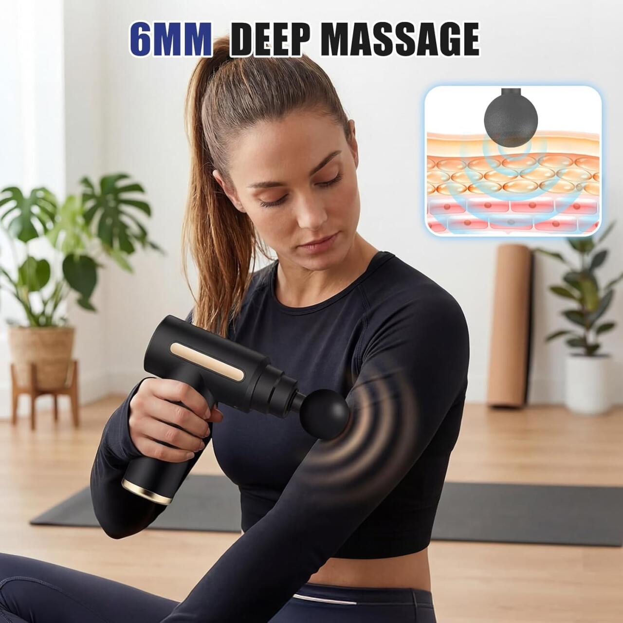 Pistola de Masaje Muscular Profesional Recargable 6 Velocidades, 4 Cabezales, Alivio Muscular