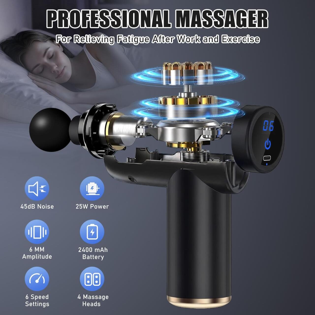Pistola de Masaje Muscular Profesional Recargable 6 Velocidades, 4 Cabezales, Alivio Muscular